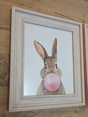Set Of 2 Bunny Rabbit Prints Pink Washed Wood Frames